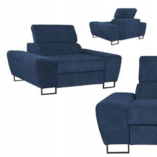 Fauteuil Relax Savio Pour Salon, En Velours Côtelé Bleu Marine, Appuie‑tête Réglable