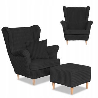 Fauteuil à Oreilles Rene Avec Repose-pieds Scandinave, Noir, En Velours Côtelé