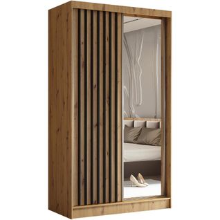 Armoire Helix 120 Cm, 2 Portes Coulissantes, 2 Tiroirs, Miroir, Chêne Artisan et Noir Lamelles