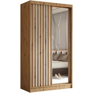 Armoire Helix 120 Cm, 2 Portes Coulissantes, 2 Tiroirs, Miroir, Chêne Artisan et Blanc Lamelles