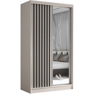 Armoire Helix 120 Cm, 2 Portes Coulissantes, 2 Tiroirs, Miroir, Cachemire et Noir Lamelles