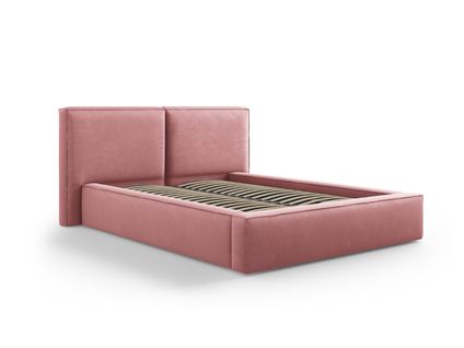 Lit Coffre Avec Tête De Lit Double "arendal" 140x200cm En Tissu Structurel Rose