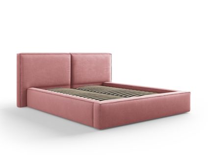 Lit Coffre Avec Tête De Lit Double "arendal" 160x200cm En Tissu Structurel Rose