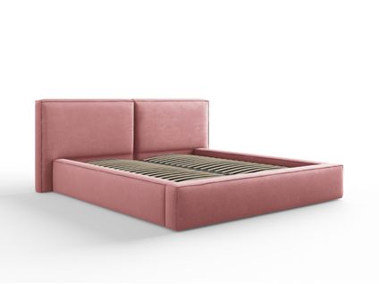 Lit Coffre Avec Tête De Lit Double "arendal" 180x200cm En Tissu Structurel Rose