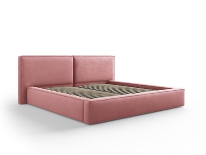 Lit Coffre Avec Tête De Lit Double "arendal" 200x200cm En Tissu Structurel Rose