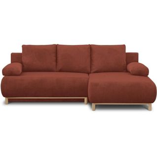 Canapé D'angle Droit Convertible - 3 Places - Tissu Velours Côtelé Rouille - Coffre De Rangement -