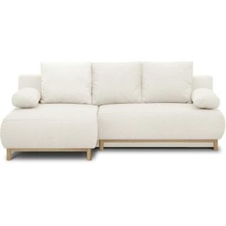 Canapé D'angle Gauche Convertible 3 Places Tissu Bouclettes Écru - Coffre De Rangement - 192x84x93cm