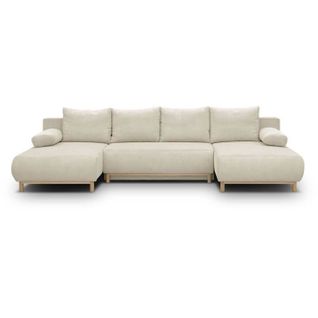 Canapé Panoramique Convertible 6 Places Mika - Velours Côtelé Beige - Coffre - 313x84x145cm