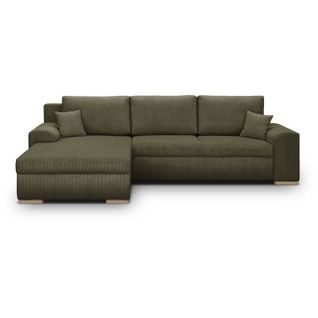 Canapé D'angle Convertible 5 Places Indian - Tissu Velours Côtelé Kaki - Coffre - 289x94/188x88cm