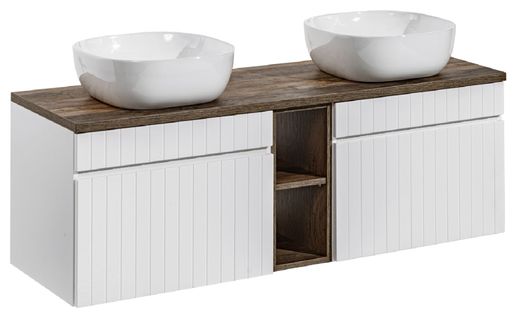 Double Meuble à Suspendre Iconic Blanc 140 Cm Avec Le Plan Et 2 Vasques Smile + L'extension Chêne