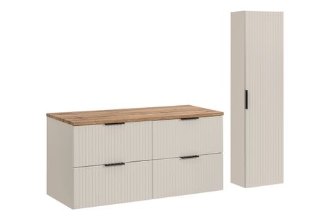 Ensemble Adel Cachemire Meuble Suspendu Sous Vasque Avec Plan Chêne 120 Cm Et Colonne 35 X 140 Cm