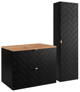 Ensemble Un Meuble Sous Vasque 80 Cm Avec Le Plan Chêne Et Une Colonne 35/136 Cm Madis Noir