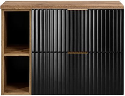 Meuble Sous Vasque Flow Noir 80 Cm Avec L'étagère - Extension Et Plan Chêne