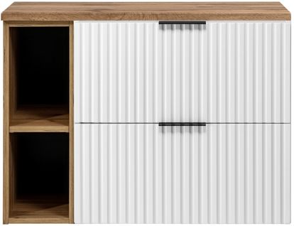 Meuble Sous Vasque Flow Blanc 80 Cm Avec L'étagère - Extension Et Plan Chêne