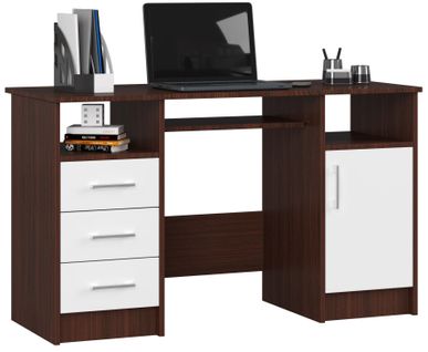 Bureau D'ordinateur Ana Wengé 124 Cm 1 Porte 3 Tiroirs Façade Blanche 5 Étagères 124x52x74 Cm