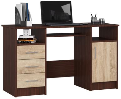 Bureau D'ordinateur Ana Wengé 124 Cm 1 Porte 3 Tiroirs Façade Sonoma 5 Étagères 124x52x74 Cm