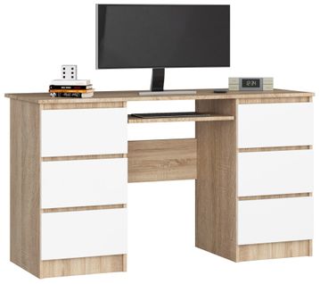 Bureau D'ordinateur A11 Chêne Sonoma 135 Cm 6 Tiroirs Façade Blanche 135x50x77 Cm