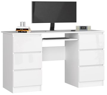Bureau D'ordinateur A11 Blanc 135 Cm 6 Tiroirs Façade Blanche Brillante 135x50x77 Cm