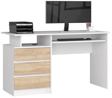 Bureau D'ordinateur Akord Clp Blanc 135 Cm 3 Tiroirs Façade Chêne Sonoma 2 Étagères 135x60x77 Cm
