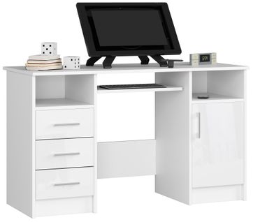 Bureau D'ordinateur Ana Blanc 124 Cm 1 Porte 3 Tiroirs Façade Blanche Brillante 5 Étagères