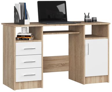 Bureau D'ordinateur Akord Ana Chêne Sonoma 124 Cm 1 Porte 3 Tiroirs Façade Blanche