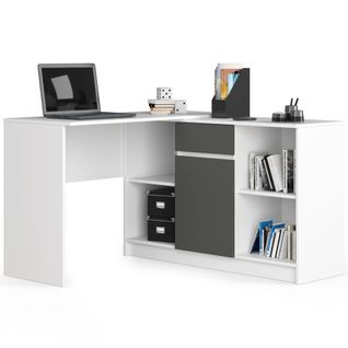 Ensemble D' Angle, Bureau B17 Avec Commode Blanc 120 Cm 1 Porte 1 Tiroir Façade Gris Graphite