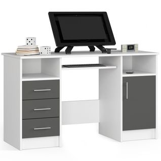 Bureau D'ordinateur Akord Ana Blanc 124 Cm 1 Porte 3 Tiroirs Façade Gris Graphite