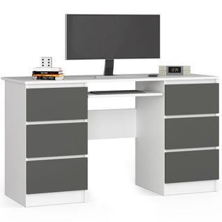 Bureau D'ordinateur A11 Blanc 135 Cm 6 Tiroirs Façade Gris Graphite 135x50x77 Cm