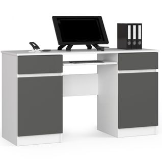 Bureau D'ordinateur Akord A5 Blanc 135 Cm 2 Portes 2 Tiroirs Façade Gris Graphite