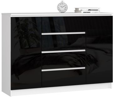 Commode K140 Blanche 138 Cm 2 Portes 4 Tiroirs Façade Noir Brillant 4 Étagères 138x40x99 Cm