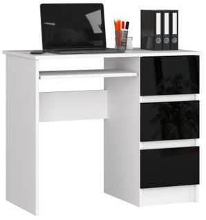 Bureau D'ordinateur Droit A6 Blanc 90 Cm 3 Tiroirs Façade Noir Brillant 1 Étagère 90x50x77 Cm