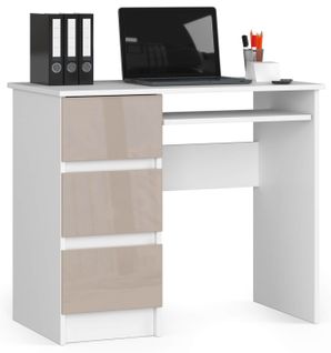 Bureau D'ordinateur Gauche A6 Blanc 90 Cm 3 Tiroirs Façade Cappuccino Brillant 1 Étagère