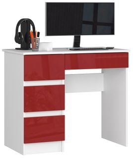 Bureau D'ordinateur Gauche A7 Blanc 90 Cm 4 Tiroirs Façade Rouge Brillante 90x50x77 Cm