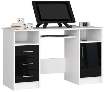 Bureau D'ordinateur Ana Blanc 124 Cm 1 Porte 3 Tiroirs Façade Noir Brillant 5 Étagères