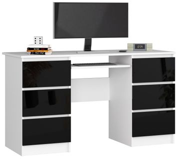 Bureau D'ordinateur A11 Blanc 135 Cm 6 Tiroirs Façade Noir Brillant 135x50x77 Cm