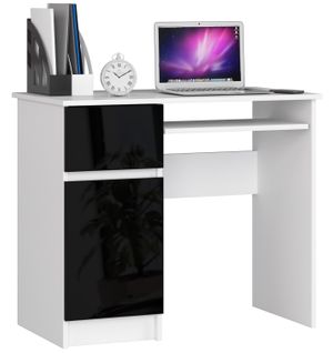 Bureau D'ordinateur Gauche Piksel Blanc 90 Cm 1 Porte 1 Tiroir Façade Noir Brillant