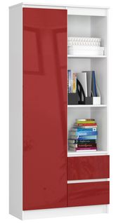 Bibliothèque De Bureau R11 Blanche 80 Cm 1 Porte 2 Tiroirs Façade Rouge Brillante 7 Étagères