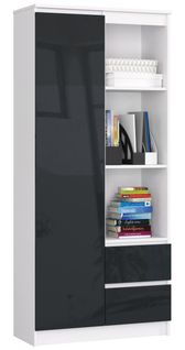 Bibliothèque De Bureau R11 Blanche 80 Cm 1 Porte 2 Tiroirs Façade Graphite Brillant 7 Étagères