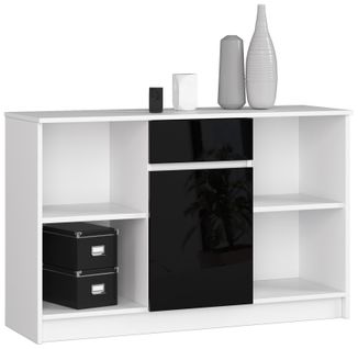 Commode B17 Blanche 120 Cm 1 Porte 1 Tiroir Façade Noir Brillant 6 Étagères 120x40x77 Cm