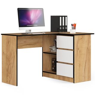 Bureau D'angle Droit B16 Chêne Craft 124 Cm 3 Tiroirs Façade Blanche 2 Étagères 124x85x77 Cm