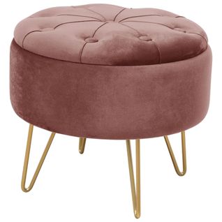 Pouf De Rangement Avec Couvercle Matelassé Caro Velour Colour Rose Hauteur 33 Cm