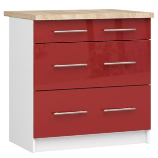 Meuble De Cuisine Bas S80 Oliwia Modulable Blanc 80 Cm 3 Tiroirs Façade Rouge Brillante 80x46x85 Cm