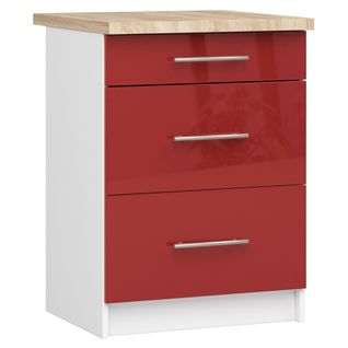 Meuble De Cuisine Bas S60 Oliwia Modulable Blanc 60 Cm 3 Tiroirs Façade Rouge Brillante 60x46x85 Cm