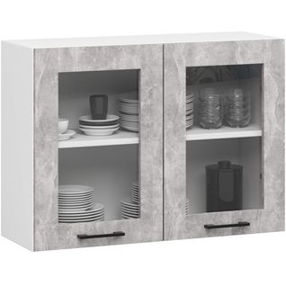 Vitrine De Cuisine Oliwia W80 Blanche 80 Cm 2 Portes Façade Béton 2 Étagères 80x30,5x58 Cm