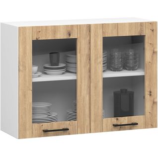 Vitrine De Cuisine Oliwia W80 Blanche 2 Portes Façade Chêne Artisan 2 Étagères 80x30,5x58 Cm