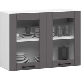 Vitrine De Cuisine Oliwia W80 Blanche 2 Portes Façade Gris Graphite 2 Étagères 80x30,5x58 Cm