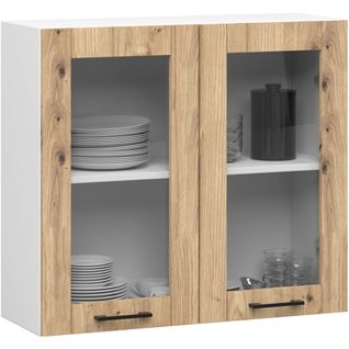 Vitrine De Cuisine Oliwia W80 H720 Blanche, Chêne Artisan 2 Portes 2 Étagères 80x30,5x72 Cm