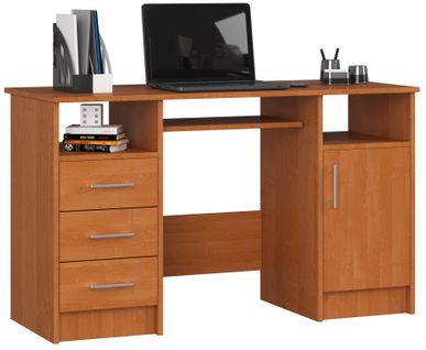 Bureau D'ordinateur Akord Ana Aulne 124 Cm 1 Porte 3 Tiroirs Façade Aulne 5 Étagères 124x52x74 Cm