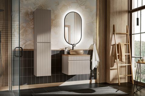 Ensemble Meuble 60 Cm Avec Plan, Vasque Wiki, Colonne Haute Et Miroir LED