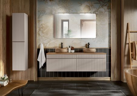 Ensemble De Meubles De Salle De Bain 160 Cm Avec Plan, 2 Vasques à Poser Wiki, Colonne, Miroir